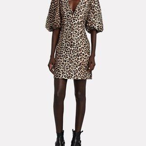 NWT GANNI Leopard Jacquard Puff Sleeve Mini Dress